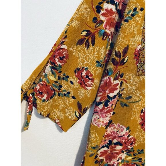 Fig And Flower Anthropologie Top Womens XL Yellow Red Floral Tunic Tie Cuff Boho - Picture 3 of 8